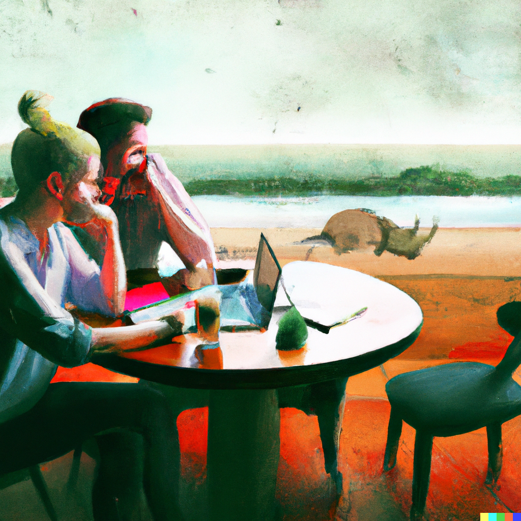 A blonde female university professor with a red notebook and a male software developer with a laptop collaborate colorfu