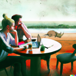 A blonde female university professor with a red notebook and a male software developer with a laptop collaborate colorfu